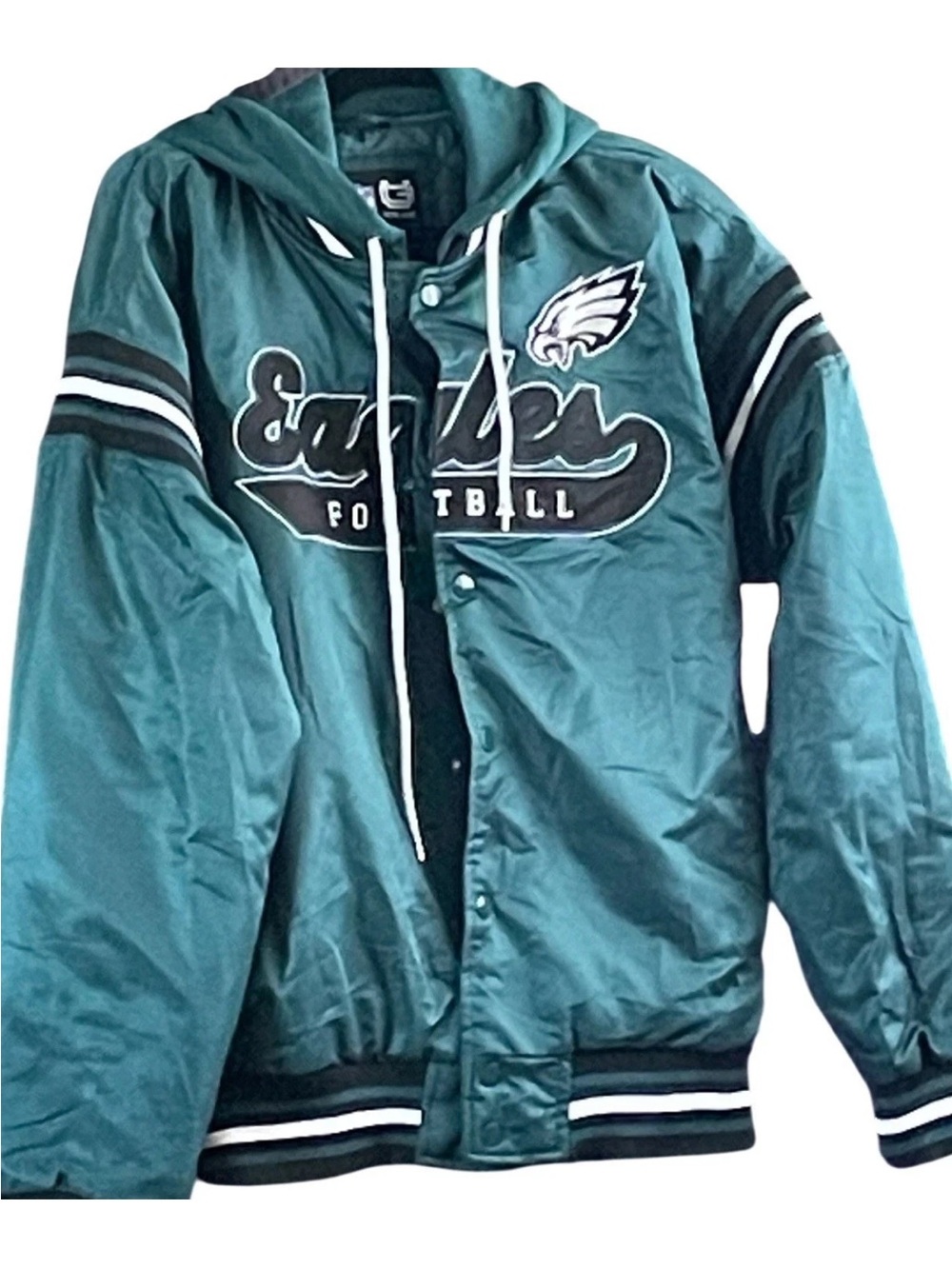 Men’s Philadelphia Eagles Teal Satin Varsity Bomber Jacket Lined with Hood